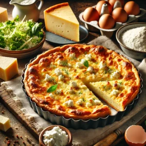 Goudbruin gebakken hartige kaastaart met feta en gruyère, gepresenteerd in een bakvorm op een houten tafel, met een groene salade en ingrediënten zoals kwark, eieren en geraspte kaas op de achtergrond.