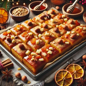 Goudbruine honing plaatkoek met noten, sukade en sinaasappelschil, gesneden in vierkante stukjes – feestelijke kerstkoek vol specerijen op een houten tafel.