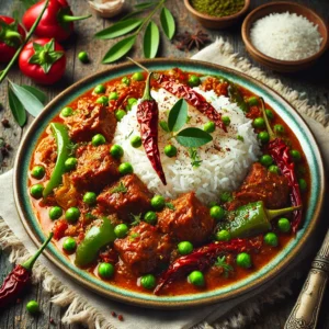 Indonesisch lamsvlees gestoofd in pittige paprikapasta met groene paprika, erwtjes en rijst, kruidig geserveerd op een houten tafel – geurige oosterse maaltijd.