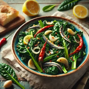 Italiaanse snijbiet gestoofd met ansjovis, knoflook, chili en citroenrasp in een kleurrijke schaal op een rustieke houten tafel met citroen en focaccia