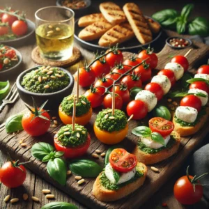 Feestelijke Italiaanse borrelhapjes met pesto, mozzarella, tomaat en bruschetta – een kleurrijk en smaakvol tapasbord voor gezellige momenten, perfect bij een glas witte wijn of zomerse cocktail.