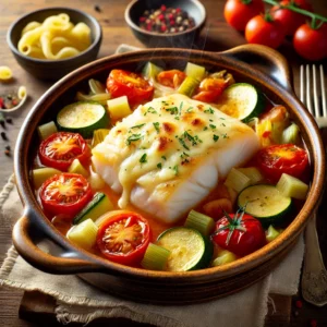 Gezonde ovenschotel met kabeljauw, courgette, tomaat en gesmolten kaas uit de Römertopf – een smaakvol visgerecht met mediterrane groenten, perfect als lichte en voedzame hoofdmaaltijd