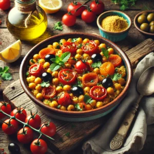 Rustiek gepresenteerde kikkererwten casserole met bulghur, gedroogde abrikozen, kerstomaten, olijven en verse kruiden op een houten tafel met warme, natuurlijke belichting.