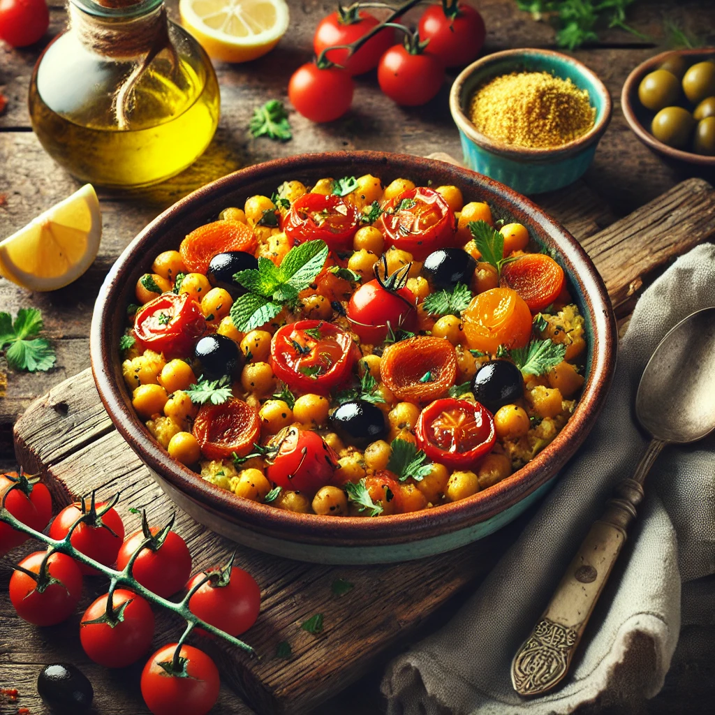 Rustiek gepresenteerde kikkererwten casserole met bulghur, gedroogde abrikozen, kerstomaten, olijven en verse kruiden op een houten tafel met warme, natuurlijke belichting.