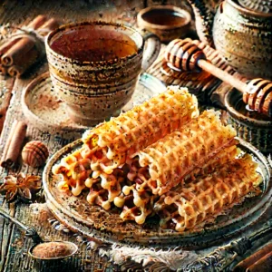 Knapperige wafelrolletjes met honing en kaneel, goudbruin gebakken en opgerold, geserveerd op een bord met een kop thee – perfect bij de koffie of thee.
