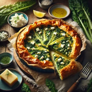 Goudbruin gebakken filodeegtaart gevuld met snijbiet en feta, in punten gesneden en geserveerd met dille en een partje citroen op een houten tafel, omringd door verse ingrediënten.