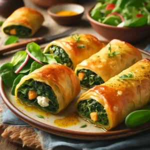 Krokante groentepakjes met snijbiet, kwark en vegetarische ham in loempiavellen, goudbruin gebakken en geserveerd met salade – vegetarisch ovenhapje.
