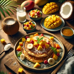 Kokospannenkoekjes geserveerd met salade van mango, papaya en banaan op een houten tafel, gegarneerd met kokos en munt.
