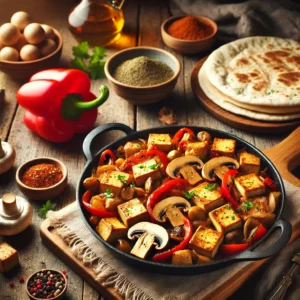 Tofu shoarma met champignons, paprika en ui in een koekenpan, geserveerd met pita en verse kruiden op een houten tafel.