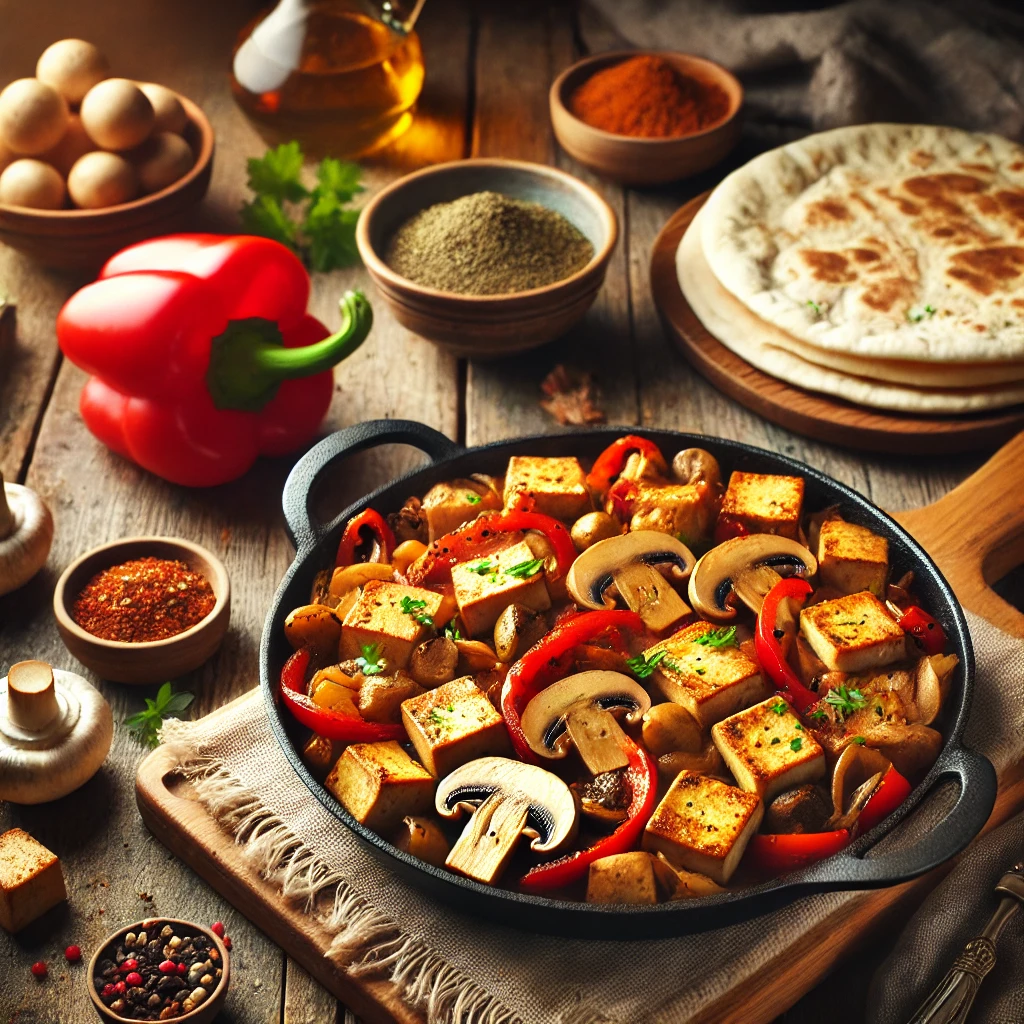 Tofu shoarma met champignons, paprika en ui in een koekenpan, geserveerd met pita en verse kruiden op een houten tafel.