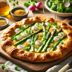 Knapperige galette met witte asperges, mosterddressing en tuinkers, geserveerd op een houten plank met salade op de achtergrond.