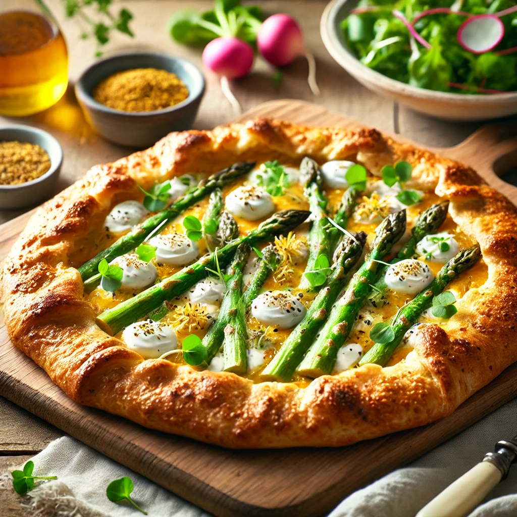 Knapperige galette met witte asperges, mosterddressing en tuinkers, geserveerd op een houten plank met salade op de achtergrond.