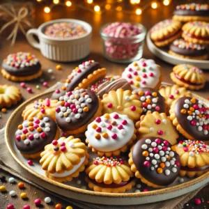 Feestelijke maizenakoekjes met jamvulling, chocoladecoating en kleurrijke suikerparels – perfect als traktatie of kinderfeestje, geserveerd op houten tafel.