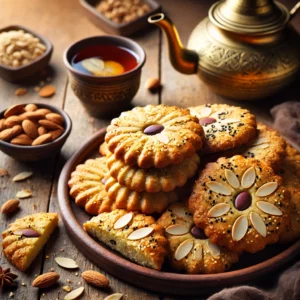 Knapperige Marokkaanse Fekkas koekjes met amandelen, sesamzaad en vanille – ideaal als zoet tussendoortje bij muntthee, eenvoudig zelf te maken en heerlijk krokant.