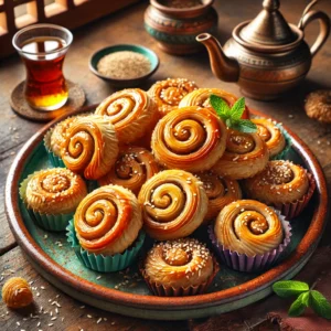 Marokkaanse filodeeg koekjes in spiraalvorm met amandelspijs, geglazuurd met honing en oranjebloesemwater, bestrooid met sesamzaad en geserveerd op een rustiek bord op houten tafel