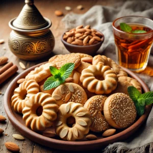 Marokkaanse koekjes met amandel, sesamzaad en kaneel, goudbruin gebakken en geserveerd met muntthee op houten tafel – traditioneel zoet uit Noord-Afrika.