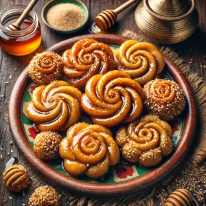 Traditionele Marokkaanse shebakia koekjes in roosvorm, goudbruin gefrituurd, gedrenkt in honing met rozewater en bestrooid met sesamzaad op een kleurrijk bord op een rustieke houten tafel