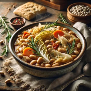 Heerlijke mediterrane bonenstoof met witte bonen, kievitsbonen, groene kool en tomaten – een stevige en geurige stoofschotel vol groenten en kruiden, perfect als vegetarisch ovengerecht voor herfst of winter.