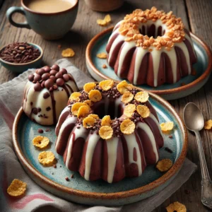 Mini chocoladetulbandjes in witte chocolade met cornflakes en melkchocolade met pinda’s, geserveerd op een kleurrijk bord op een rustieke houten tafel met koffie