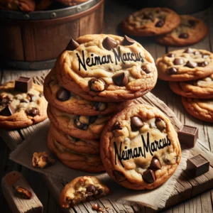 Een rustieke oude houten tafel met een versgebakken stapel Neiman Marcus chocoladekoekjes. De koekjes zijn dik, goudbruin en rijk gevuld met gesmolten chocolade en stukjes noot. Sommigen liggen gestapeld, anderen liggen los op tafel voor een warme, huiselijke uitstraling.