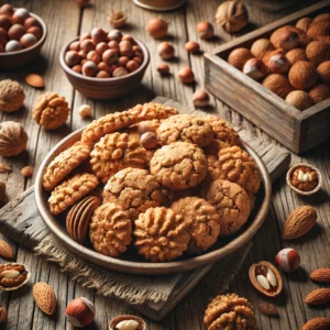 Een rustieke oude houten tafel met een bord ovengebakken notenrotskoekjes, grof gevormd met zichtbare stukken amandel, hazelnoot en walnoot. Enkele losse noten liggen verspreid rond het bord
