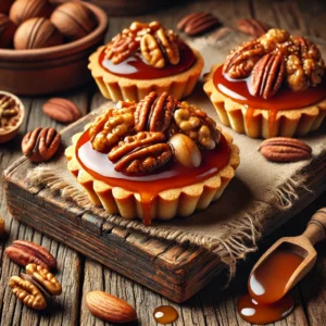 Een rustieke oude houten tafel met kleine notentaartjes, gevuld met glanzende karamel en getopt met geroosterde walnoten, amandelen en pecannoten. De taartjes hebben een goudbruine korst en enkele karamel druppels zijn zichtbaar op tafel.