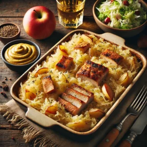 Rustieke ovenschotel met zuurkool, appel en casselerrib in een keramische schaal, geserveerd op een houten tafel met mosterd en salade.