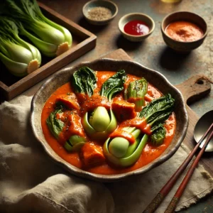 Romige Chinese tomatensaus met paksoi, geserveerd met krokant gebakken paksoibladeren – een smaakvol Aziatisch hoofdgerecht met soja en gember, perfect voor doordeweeks of als onderdeel van een oosterse maaltijd.