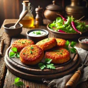Een rustieke oude houten tafel met een bord goudbruine, krokant gebakken pastinaakkoekjes uit de oven, gegarneerd met peterselie. Ernaast staat een klein kommetje dipsaus en een lichte salade.