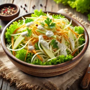 Frisse herfstsalade met geraspte pastinaak, zure appel en veldsla in romige yoghurtdressing, geserveerd in rustieke kom op houten tafel – licht en voedzaam bijgerecht.