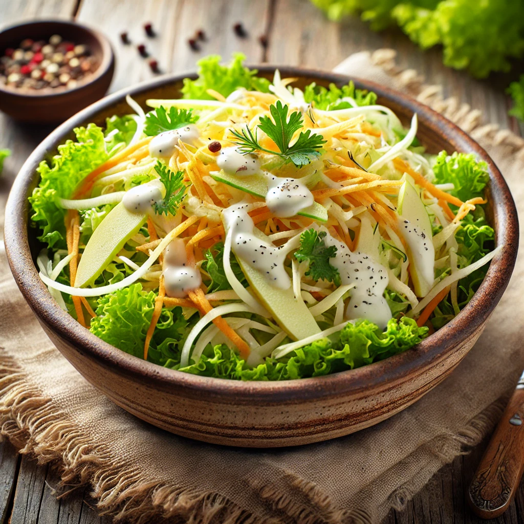 Frisse herfstsalade met geraspte pastinaak, zure appel en veldsla in romige yoghurtdressing, geserveerd in rustieke kom op houten tafel – licht en voedzaam bijgerecht.