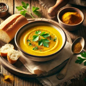 Een rustieke oude houten tafel met een kom romige pastinaak currysoep, goudgeel van kleur, gegarneerd met gehakte peterselie of bieslook. Ernaast ligt een stuk knapperig brood en een schaaltje met zelfgemaakte kruidenmix. De setting is warm en huiselijk.