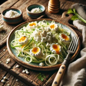 Een rustieke oude houten tafel met een frisse salade van geraspte pastinaak en dunne plakjes bleekselderij, gegarneerd met schepjes hüttenkäse. De salade ligt op een keramisch bord, met een lichte dressing en kruiden eroverheen gestrooid. Een vork en een linnen servet liggen ernaast.