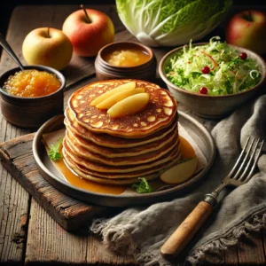 Een rustieke oude houten tafel met een stapeltje goudbruine pastinaakpannenkoeken, geserveerd met een kommetje appelcompote en een lichte groene salade. Een vork en een linnen servet liggen ernaast in een warme, huiselijke setting.