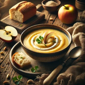 Een rustieke oude houten tafel met een kom lichtgouden pastinaaksoep met appel, gegarneerd met een swirl van room, een dun appelschijfje en verse kruiden. Ernaast ligt een stuk rustiek brood.