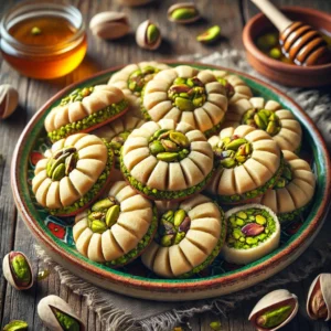 Ronde pistache koekjes met amandelvulling, gekruist ingesneden en omrand met honing en fijngehakte pistachenoten, geserveerd op een kleurrijk bord op een rustieke houten tafel