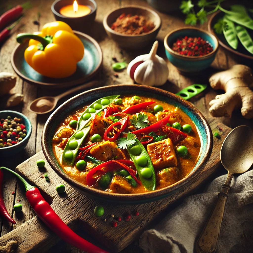 Vegetarische quornkerrie met een Aziatische twist, geserveerd in een kom op een rustieke houten tafel. De curry bevat Quorn, tomaat, uien en specerijen zoals kerrie en kardemom, gegarneerd met rode pepers en verse koriander