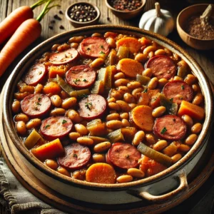 Stevige bonenschotel met bruine bonen, rookworst, wortel en ui in pittige saus – geserveerd in rustieke schaal op houten tafel, ideaal voor de winter.