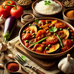 Diep bord met pittige groentecurry met aubergine, aardappel, sperziebonen en doperwten in tomatensaus, gegarneerd met verse koriander en geserveerd met basmatirijst, omringd door kruiden en verse ingrediënten.