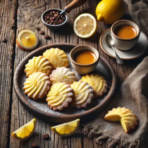 Een rustieke oude houten tafel met een bord goudbruine polentakoekjes in halve maanvorm, licht bestoven met poedersuiker. Enkele koekjes tonen zichtbare citroenrasp. Ernaast staat een klein kopje espresso met een schijfje citroen voor een gezellige theemoment-uitstraling. Deze afbeelding is gemaakt met DALL·E, het eerdere beeldgeneratiemodel van OpenAI. Een krachtiger nieuw model wordt binnenkort uitgerold in ChatGPT.