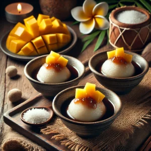 Ronde Indonesische rijstballetjes in donkere Javaanse suikerstroop, geserveerd in keramieken kopjes met mango en kokos – tropisch nagerecht op houten tafel.