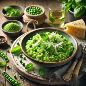 Romige groene risotto met doperwtenpuree, venkel, sla en kruiden, geserveerd in een kom met parmezaanse kaas en zwarte peper, omringd door verse ingrediënten op een houten tafel.