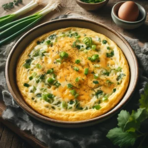 Luchtige kruidenomelet met bosui en gesmolten kaas, geserveerd in een koekenpan als warme lunch
