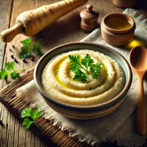 Een rustieke oude houten tafel met een kom romige pastinaakpuree, gegarneerd met fijngehakte peterselie. De puree is zacht van structuur, licht van kleur en opgediend in een keramische kom met een scheutje olijfolie erover. Een houten lepel ligt ernaast