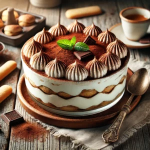Luchtige tiramisu met yoghurt en ricotta op een rustieke houten tafel, afgemaakt met cacao en chocolade.