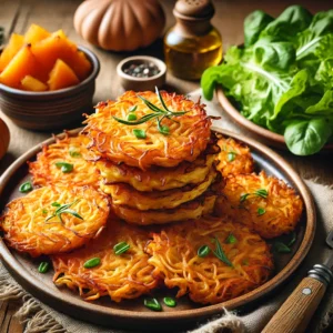 Krokante rösti van aardappel, pompoen en appel, goudbruin gebakken en geserveerd op een rustiek bord met frisse salade – herfstig bijgerecht op houten tafel.
