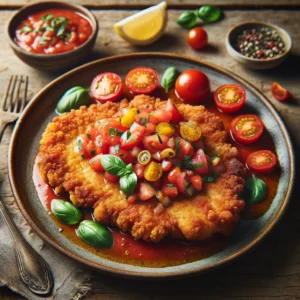 Krokant gebakken varkensschnitzel met frisse tomatensalsa van kerstomaatjes, basilicum en citroensap, geserveerd op een rustiek bord op houten tafel – zomers hoofdgerecht met veel smaak.