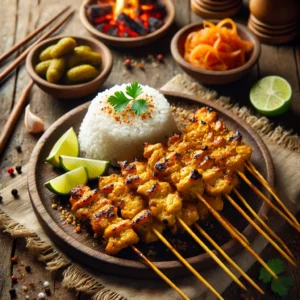 Indische kipspiesjes van de barbecue met gouden marinade van santen, specerijen en knoflook – perfect gegaard en geserveerd met atjar en rijst als zomerse streetfood-maaltijd vol smaak.