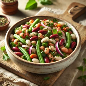 Kleurrijke bonensalade met kidneybonen, witte bonen, sperziebonen, rode ui en verse kruiden, licht aangemaakt met frisse citroenvinaigrette – geserveerd in rustieke kom op houten tafel.