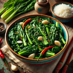 Oosterse roerbak van snijbiet met knoflook, chili en lente-ui, geserveerd in een kleurrijke kom op een rustieke houten tafel met stokjes en rijst